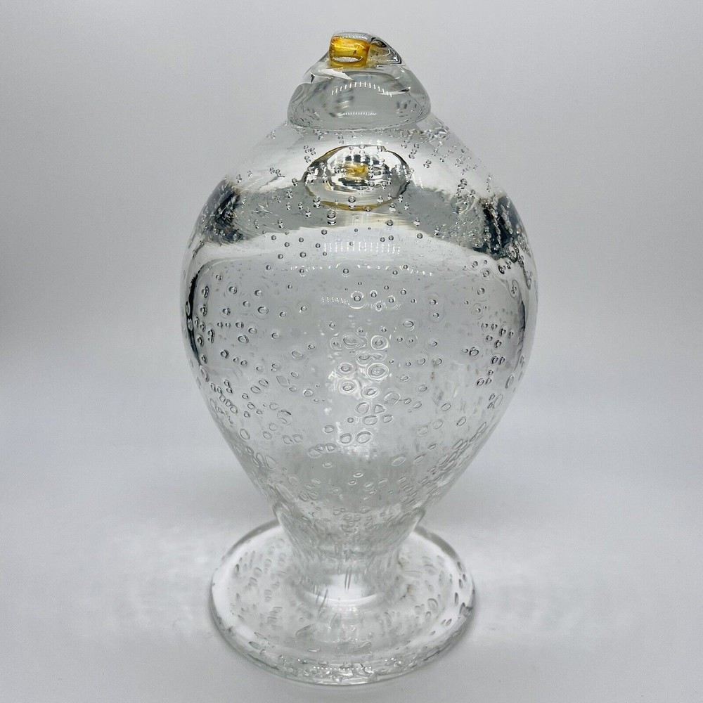 Rare Hand Blown Bubble Abstract Art Glass Clear and Gold Decor 7”